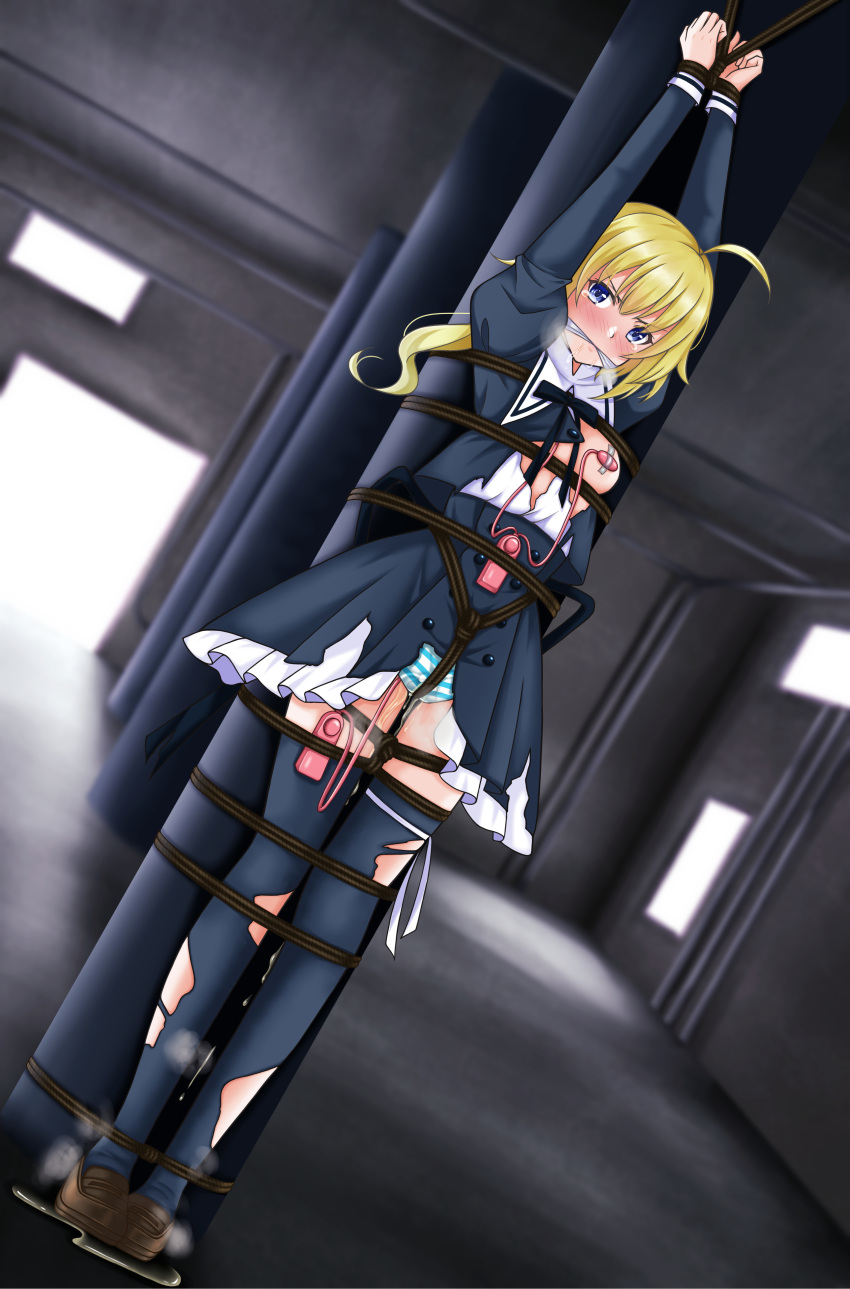 absurdres against_pillar ahoge arms_up assault_lily awazake_(2wairu) bangs black_ribbon black_skirt black_socks black_thighhighs blonde_hair blue_eyes blue_panties blurry blurry_background blush bondage bound bound_legs bound_torso bound_wrists breast_bondage breasts brown_footwear brown_loafers buttons closed_mouth cloth_gag commentary controller cropped_jacket crotch_rope dutch_angle egg_vibrator female frilled_skirt frills full_body gag gagged garage hair_between_eyes high-waist_skirt highres improvised_gag indoors juliet_sleeves leg_ribbon loafers long_hair long_sleeves looking_at_viewer low_ponytail medium_breasts neck_ribbon no_bra nose_blush one_breast_out panties pasties peeing peeing_self ponytail puddle puffy_sleeves remote_control restrained ribbon rope saliva school_uniform sex_toy shibari_over_clothes shirt shoes skirt socks solo soraha_amano standing striped striped_panties tape_on_nipples tearing_up thigh_socks thighhighs torn_clothes torn_shirt torn_skirt torn_thighhighs underwear urine v-shaped_eyebrows vibrator vibrator_in_thighhighs vibrator_on_nipple white_ribbon white_shirt yurigaoka_girls_academy_school_uniform