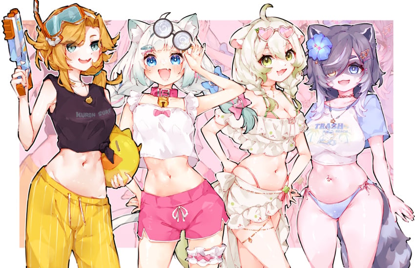 3am 4girls :d absurdres ahoge animal_ear_fluff animal_ears bell bikini black_tank_top blonde_hair blue_bikini blue_eyes blue_flower blue_hair blue_shirt blue_streaks blue_tail blush bow braid breasts camisole cat_ears cat_girl cat_tail cleavage closed_eyes collar colored_skin crop_top cropped_shirt dokibird dolphin_shorts dragoon_(dokibird) eye_mask eyewear_on_head fang feather_hair female ferret_ears ferret_girl ferret_tail flower frilled_camisole frilled_straps frilled_thigh_strap frills gold_choker gold_thighlet gradient_hair green_eyes green_hair green_tail hair_between_eyes hair_flower hair_ornament heart heart-shaped_eyewear heterochromia hibiscus highres holding holding_water_gun indie_virtual_youtuber jewelry laimu laimu_(summer) large_breasts long_hair looking_at_viewer low_twin_braids ma_draws mask medium_hair multicolored_hair multiple_girls multiple_views navel navel_piercing neck_bell necklace open_mouth piercing pink-tinted_eyewear pink_bikini pink_collar pink_shorts pink_skin pink_streaks pointy_ears ponytail raccoon_ears raccoon_girl raccoon_tail sarong shirt short_hair shorts skin_fang smile snorkel snuffy_(swimsuit)_(vtuber) snuffy_(vtuber) solo standing star_(symbol) star_hair_ornament star_necklace streaked_hair sunglasses swimsuit tail tail_bow tail_ornament tank_top thigh_strap thighlet thighs tinted_eyewear tummy twin_braids two-tone_shirt v virtual_youtuber vtuber water_gun white_background white_hair white_sarong white_shirt x_hair_ornament yellow_eyes yellow_shorts