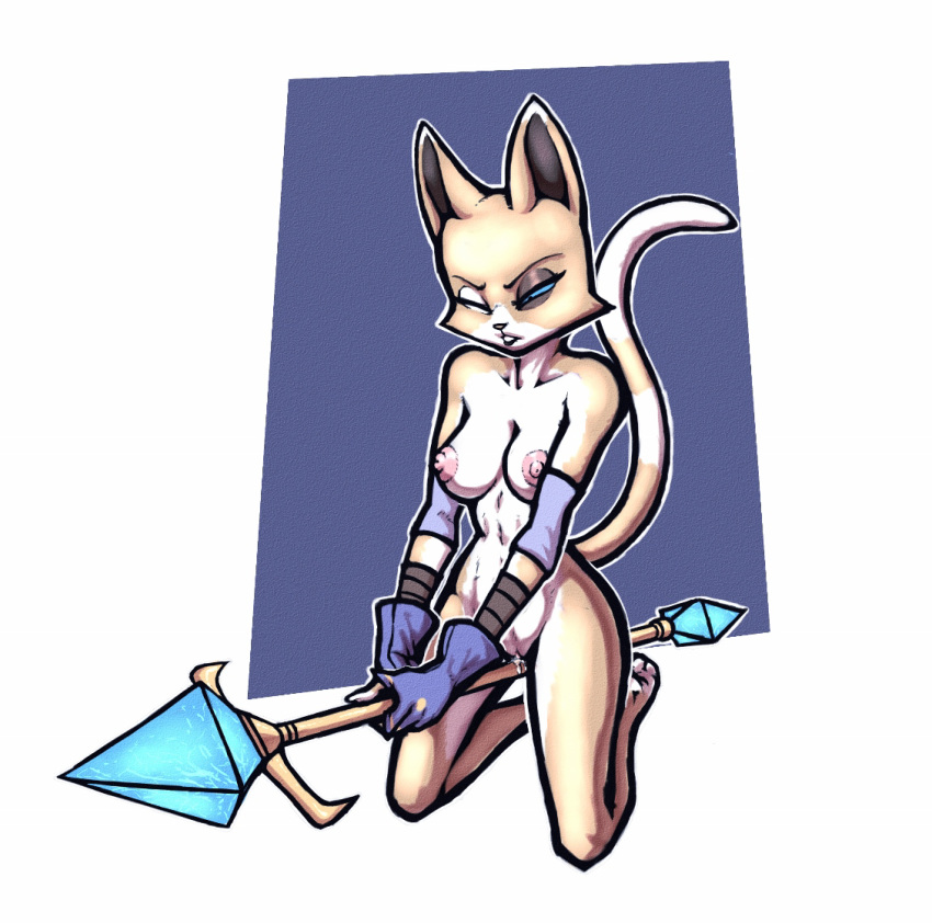 anthro bad_id bad_tumblr_id blue_eyes breasts clothing feline female female_focus female_only fingerless_gloves furry gloves grinding luraiokun mammal nipples pussy solo staff stories:_the_path_of_destinies white_eyes white_fur year_request yellow_fur zenobia