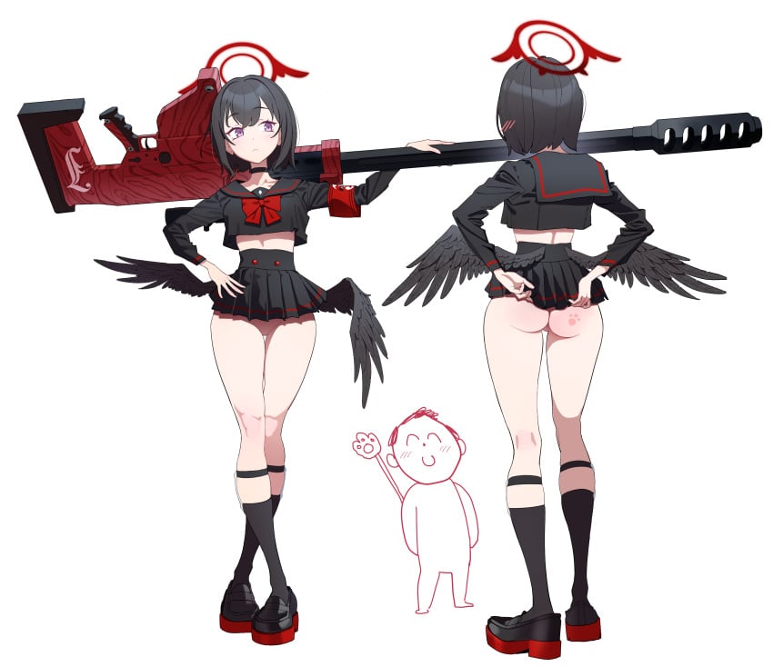1boy 1girl age_difference angel angel_wings big_ass blue_archive blush gun halo long_legs markings mashiro_(blue_archive) sensei_(blue_archive) short_skirt skirt wings