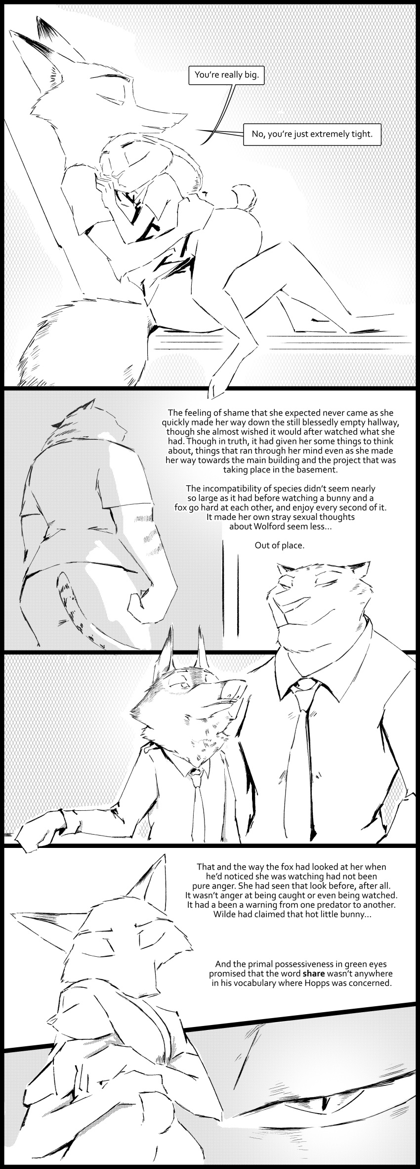 2018 after_sex anthro ass black_and_white bottomless canine clothed clothing comic dialogue disney english_text feline female fox greyscale group hug judy_hopps lagomorph male mammal monochrome necktie nick_wilde officer_fangmeyer officer_wolfard on_lap rabbit screentone sitting_on_lap speech_bubble straight text thewyvernsweaver tiger wolf zootopia