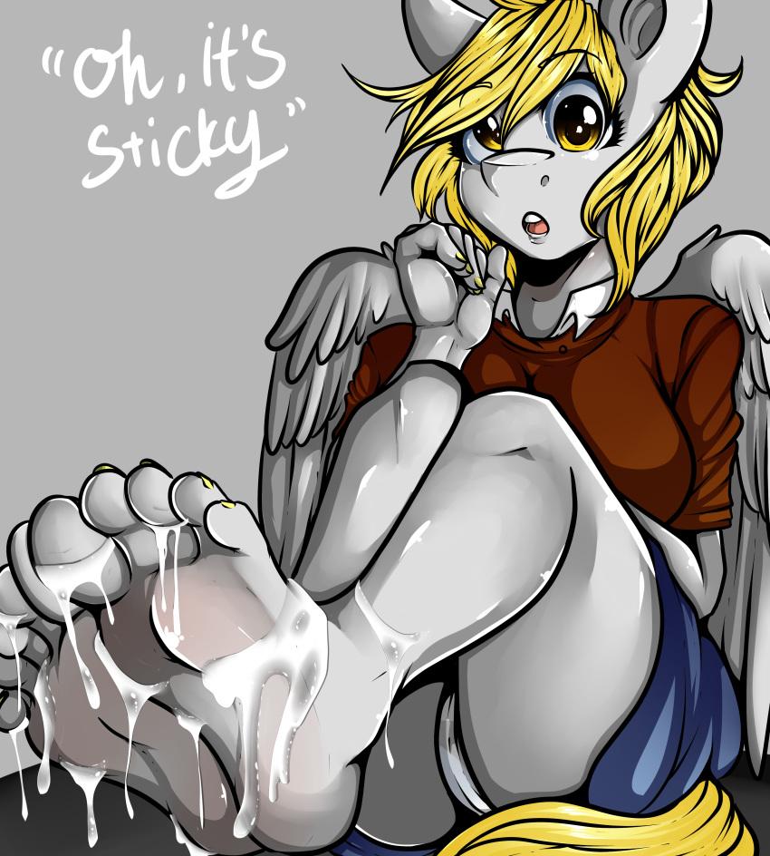 :o after_footjob anthro artsenravenbrave clothing cum cum_on_feet derpy_hooves equine feathered_wings feathers feet female foot_focus friendship_is_magic grey_feathers hi_res looking_at_viewer mammal my_little_pony pants pegasus plantigrade shirt solo surprise text wings