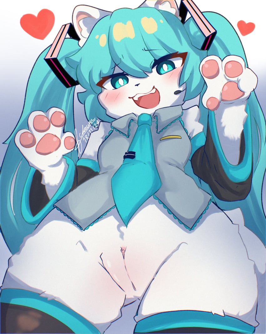 absurd_res anthro blue_eyes blue_hair blush bottomless bottomwear breasts clothed clothing digital_media_(artwork) felid feline felis female fu_kawa_(artist) fur genitals hair hatsune_miku hi_res legwear looking_at_viewer mammal nude open_mouth paws pussy shirt shirt_only simple_background smile solo tail tongue topwear topwear_only vocaloid