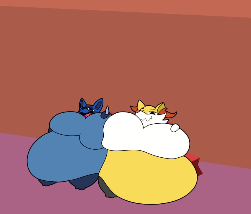 2girls bbw big_breasts braixen breasts cleavage female furry huge_breasts lucario overweight pokemon pokemon_(species) teaset_haliley thick_thighs weight_gain wide_hips