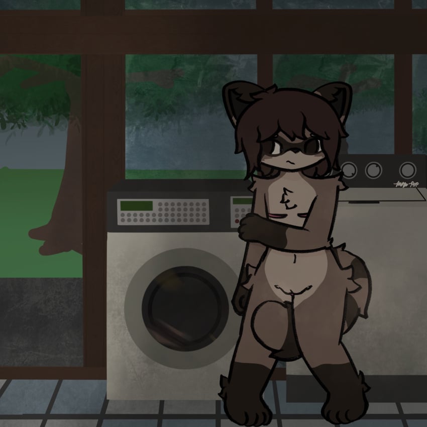 1:1 anthro appliance brown_body brown_fur chest_scar diver_(fizzy_pop_ex) dryer exhibitionism female fizzy_pop_ex floor fluffy fur genitals hand_on_shoulder hi_res laundromat laundry_machine leg_tuft mammal nonbinary_(lore) nude paws plant procyonid pussy raccoon raccoon_tail scar solo thigh_tuft tile tile_floor trans_(lore) tree tuft washing_machine worried