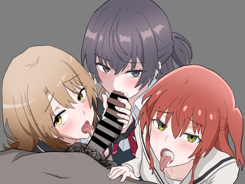 3girls bocchi_the_rock! brown_hair crossover cum cum_in_mouth fellatio green_eyes isshiki_iroha kita_ikuyo my_teen_romantic_comedy_snafu suou_yuki tokidoki_bosotto_russian_de_dereru_tonari_no_alya-san yellow_eyes