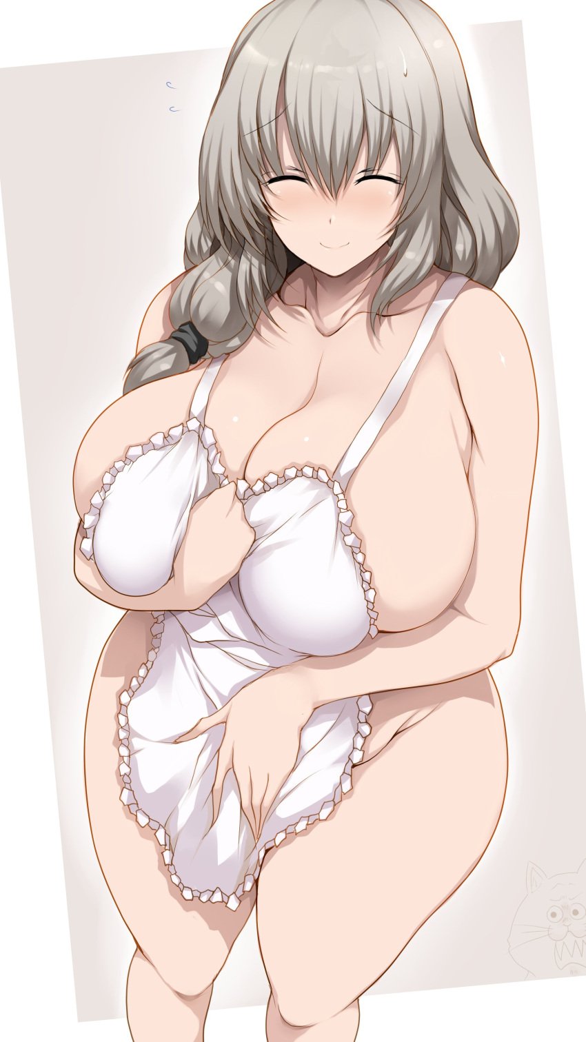 1girls apron big_breasts blush breasts breasts_bigger_than_head closed_eyes closed_mouth female female_focus female_only gigantic_breasts grey_hair hourglass_figure huge_breasts large_breasts light-skinned_female light_skin long_hair massive_breasts mature mature_female milf nude smile thick thick_ass thick_legs thick_thighs thighhighs thighs tsukasawa_takamatsu uzaki-chan_wa_asobitai! uzaki_tsuki voluptuous