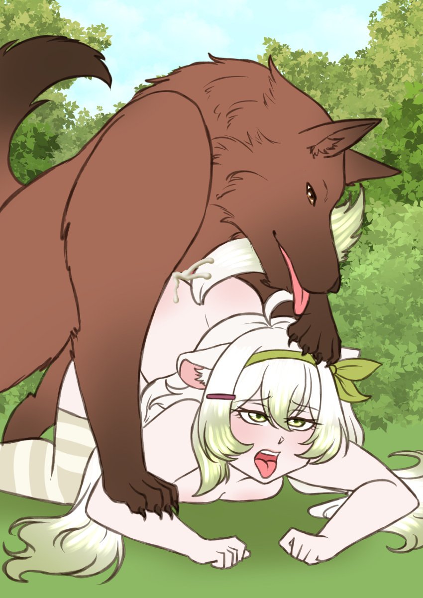 1girls animal_ears ass ass_up canine canine cum cum_inside doggy_style female green_hair indie_virtual_youtuber interspecies laimu long_hair marinesunspice outdoors outside thighhighs vinesauce virtual_youtuber zoophilia zoophilia