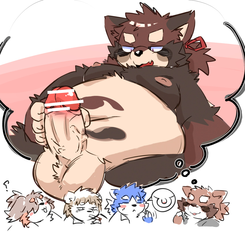 2024 anthro balls belly bernese_mountain_dog blush botamochi_(tsurugi) brown_body canid canine canis censored closed_eyes domestic_dog erection genitals group hi_res kemono male mammal molosser moobs mountain_dog navel nipples overweight overweight_male penis raccoon_dog simple_background swiss_mountain_dog tanuki tsurugi