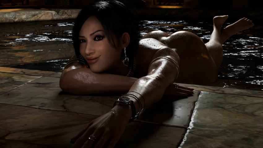 1girls 3d ada_wong ada_wong_(adriana) ass athletic athletic_female bathhouse black_hair blender bob_cut creamyeclair earrings jewelry looking_at_viewer red_lipstick resident_evil resident_evil_2 resident_evil_4 smiling smiling_at_viewer solo solo_female watch