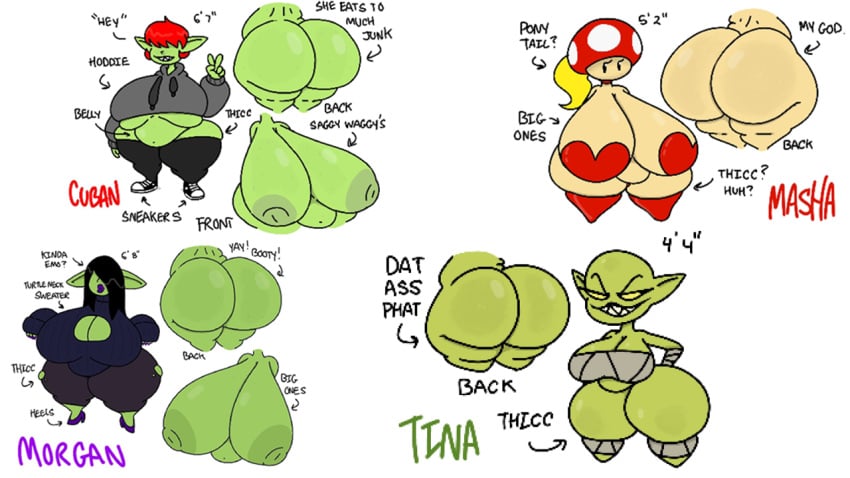 bald big_areola big_ass big_belly big_breasts big_butt big_nipples big_thighs black_hair cuban female_goblin goblin goblin_female goblins hyper_ass hyper_belly hyper_breasts hyper_butt masha morgan red_hair theslashfive tina toad_(mario)