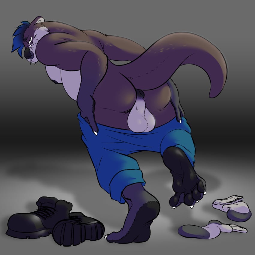 1:1 anthro anus balls boots clothing fetishame footwear genitals gordon_the_otter hi_res looking_at_viewer looking_back male mammal mustelid otter raised_tail shoes socks solo tail undressing