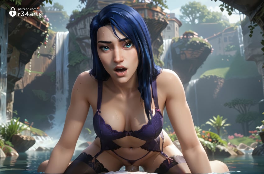 1boy 1boy1girl 1girls ai_generated arcane arcane_caitlyn artist_name blue_eyes blue_hair bra breasts caitlyn_kiramman clothing_aside collarbone cowgirl_position day garter_belt hi_res league_of_legends lingerie lips long_hair looking_at_viewer medium_breasts navel netflix nose open_mouth outdoors panties panties_aside penis pov purple_bra purple_panties pussy r34arts riot_games sex solo_focus straddling straight sweat thighhighs uncensored underwear vaginal_penetration vaginal_penetration vaginal_sex water waterfall wet