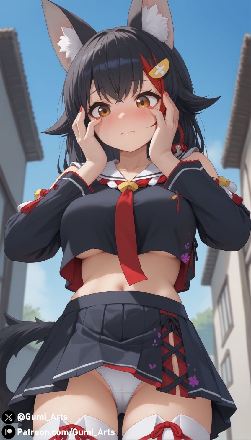 ai_generated black_hair blush breasts covered_pussy crop_top fingernails gumi_arts hair_ornament hands_on_face hololive hololive_japan large_breasts looking_down multicolored_hair navel ookami_mio outdoors panties red_hair shy skirt stable_diffusion thick_thighs thighhighs underboob watermark wolf_ears wolf_girl wolf_tail