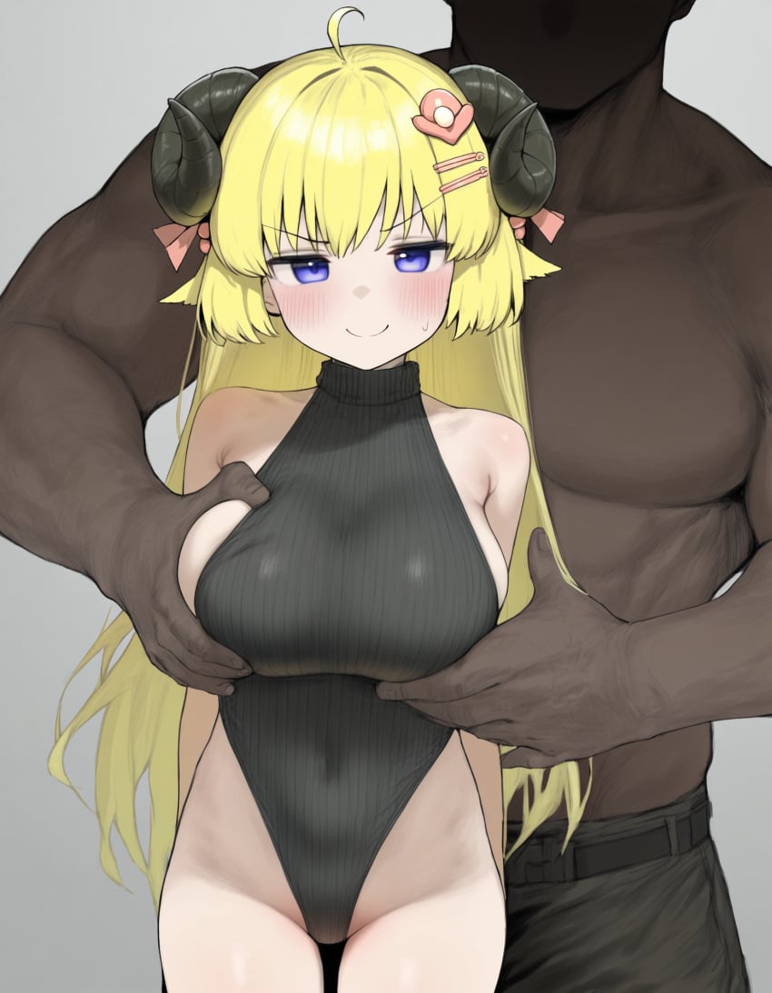 1boy 1boy1girl 1girls ai_generated arm_around_shoulder arms_behind_back black_leotard black_skin blonde_hair blush breast_grab cuckold dark-skinned_male faceless_male female hair_ornament hairclip hololive hololive_japan interracial large_breasts leotard long_hair looking_at_viewer purple_eyes ribbed_leotard sheep_girl sheep_horns size_difference smug standing straight straight-on sweatdrop tsunomaki_watame virtual_youtuber