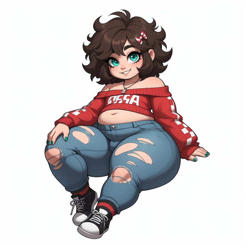 1boy ahoge ai_generated anthony_hiramatsu balls_bulge belly belly_overhang brown_hair bulge bulge_through_clothing chubby chubby_femboy chubby_male crop_top crop_top_sweater curly_hair femboy feminine_male genocide_nutter hand_on_ground hand_on_knee jeans looking_at_viewer male male_focus male_only necklace off_shoulder off_shoulder_sweater original_character painted_nails penis_bulge poofy_hair ripped_clothing ripped_pants shoes short shortstack shortstack_femboy sitting smile sneakers socks solo solo_focus solo_male striped_socks sweater thick_thighs thighs tight_clothing tight_jeans tight_pants turquoise_eyes yodayo