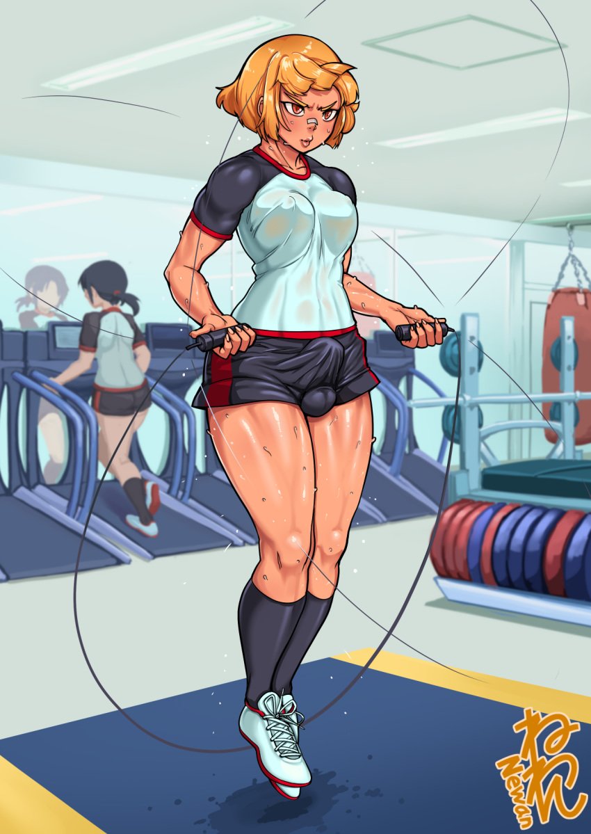 1futa 2girls abs balls_in_buruma bimbo bob_cut breasts bulge cameltail cleavage clothing dark_skin erect_nipples erection_under_clothes full-package_futanari futanari gym gym_clothes hourglass_figure intersex intersex_only jump_rope neone-x nipples penis penis_in_buruma penis_under_clothes penny_krieger public shorts solo solo_focus sweat testicles text tomboy watermark workout