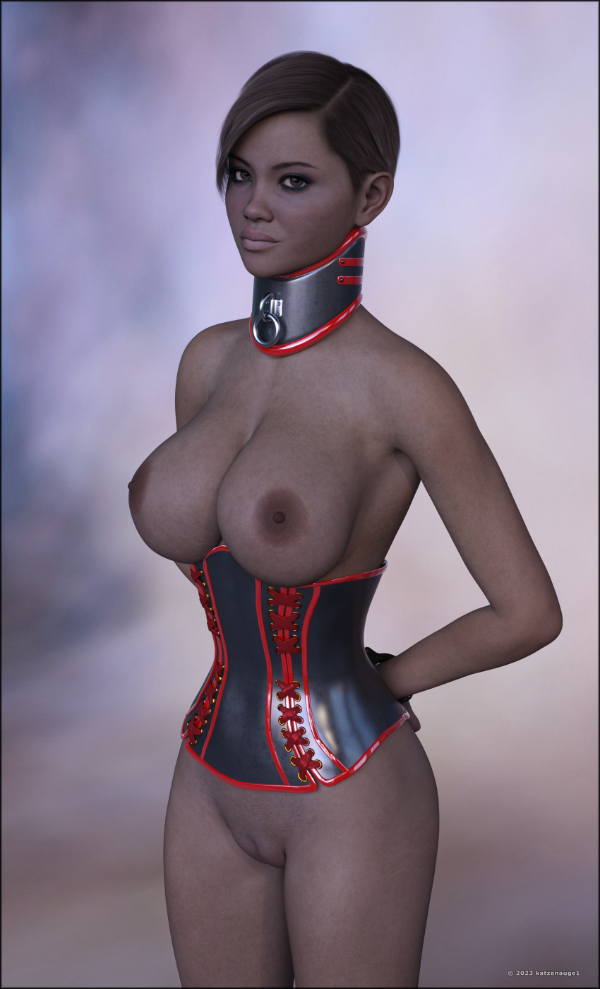 1girls 3d 3d_render collar corset eyeshadow female female_only femsub hairless_pussy katzenauge1 makeup mascara png posture_collar small_waist solo solo_female