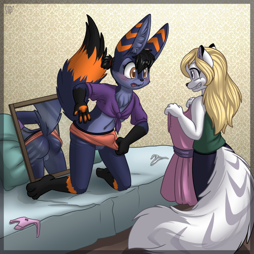 2018 anthro arctic_fox ass balls bed black_fur blue_fur blush bulge canine clothed clothing crossdressing digital_media_(artwork) dress duo erection female fennec fox fur girly hair hi_res male mammal mirror multicolored_fur open_mouth orange_fur panties ponytail sidni sidnithefox simple_background skirt smile stack_(character) underwear white_fur