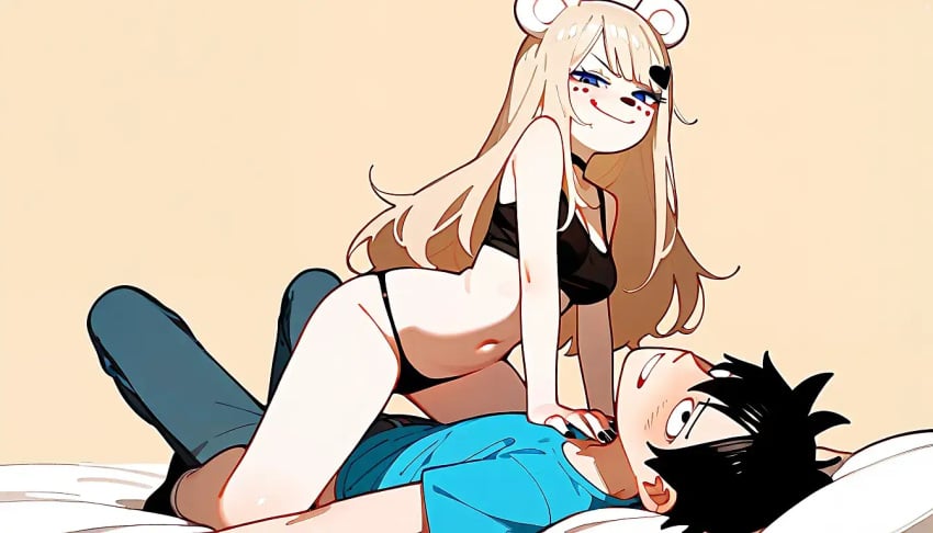 1girl1boy ai_generated awaiting_sex bear_ears bear_nose blonde_hair bra cowgirl_position female_dominating_male female_domination fully_clothed_male hand_on_chest looking_at_viewer looking_up no_thoughts_head_empty panties smug smug_face