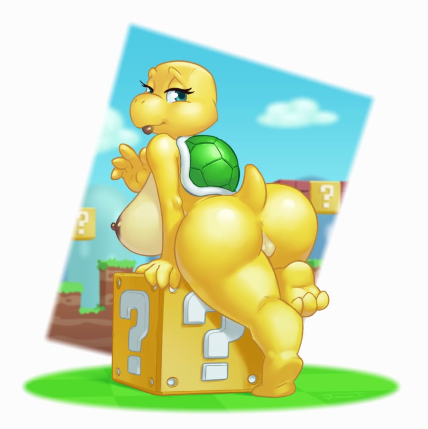 ?_block anthro anus areola ass big_breasts big_butt blue_eyes breasts brown_areola brown_lipstick brown_nipples eyelashes feet female genitals green_shell hi_res koopa koopa_troopa looking_at_viewer looking_back looking_back_at_viewer mario_bros nintendo nipples nude ptoon-t pussy rear_view reptile scales scalie shell short_stack simple_background solo thick_thighs turtle white_background wide_hips yellow_body yellow_scales