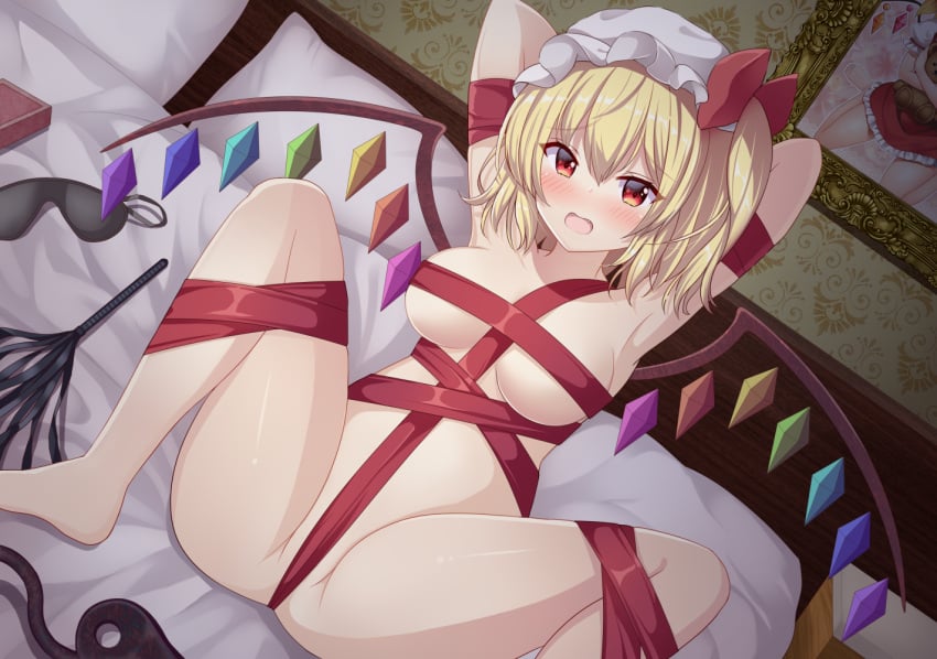 1girls armpits arms_behind_head arms_up bed bedroom big_breasts blonde_hair blush bondage feet female flandre_scarlet hat indoors looking_at_viewer open_mouth ponytail red_eyes ribbon side_ponytail solo spread_legs suigetsu_(watermoon-910) tagme tied_hands tied_up touhou vampire wrapped wraps