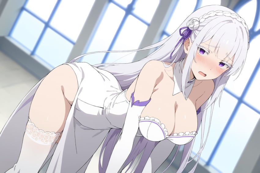 ai_generated big_breasts dressed emilia_(re:zero) enormous_breasts female_only long_hair re:zero_kara_hajimeru_isekai_seikatsu wedding_dress white_hair wife