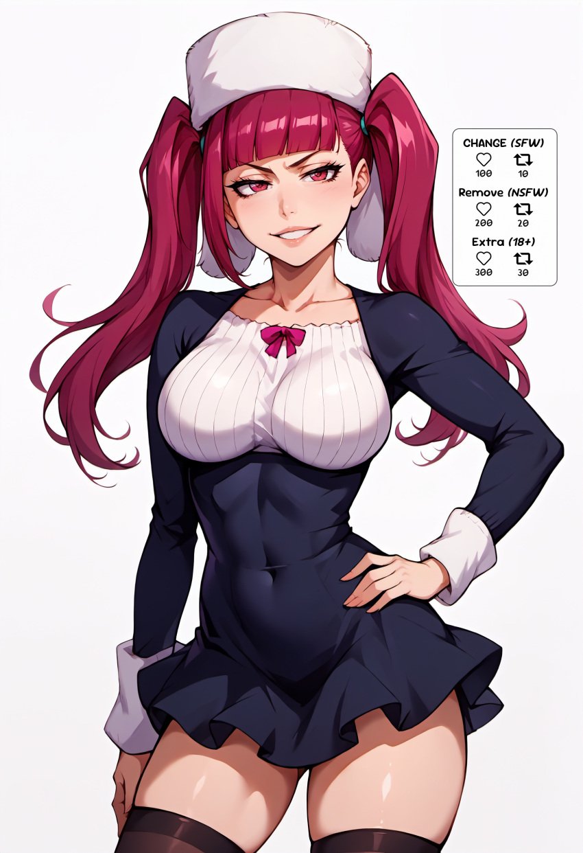 ai_generated bangs black_thighhighs bleach breasts collarbone covered_navel dokugamine_riruka dress english_text female fur_hat grin hand_on_hip hat high_resolution highres korean_text large_breasts long_hair long_sleeves looking_at_viewer purple_hair red_eyes red_hair simple_background smile solo stable_diffusion thighhighs twintails waifuscans418 white_background