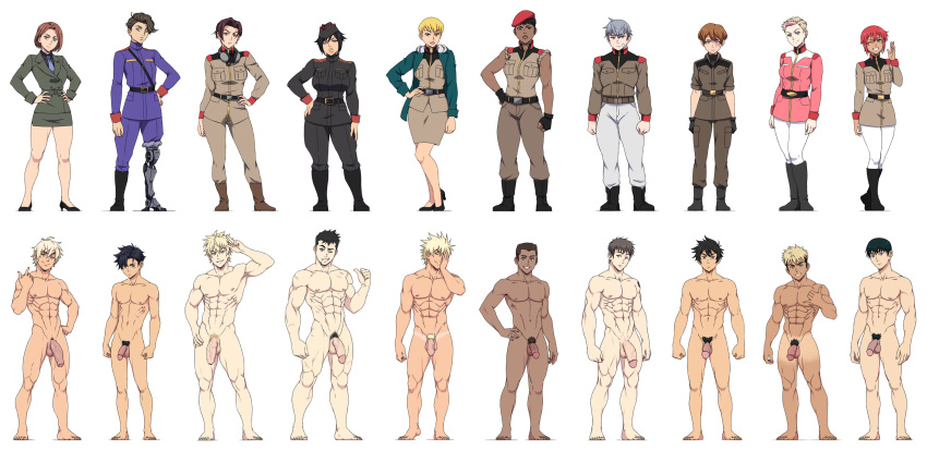 6+boys 6+girls abs absurdres arms_up bare_arms bare_legs bikini black_bikini black_hair blonde_hair blue_bikini blue_eyes bodysuit breasts brown_eyes brown_hair camouflage camouflage_bikini cfnm cleavage closed_mouth clothed_female_nude_male crotch dark_skin diving_suit facial_hair feet female_pubic_hair flaccid foreskin glans green_eyes green_hair grey_hair groin hand_on_own_hip highres ichan ichan-desu ignition_crisis large_penis long_hair looking_at_viewer military moustache multiple_boys multiple_girls multiple_views muscular navel nipples nude one-piece_swimsuit pale_skin parted_lips pectorals penis pink_one-piece_swimsuit pubic_hair purple_hair purple_one-piece_swimsuit red_bikini red_hair salute scar scar_on_face sgt_crisis short_hair shorts simple_background smile spiked_hair standing stomach sunglasses swimsuit tan tanline teeth testicles thighs thumbs_up urethra veins veiny_penis wetsuit white_background yellow_bikini