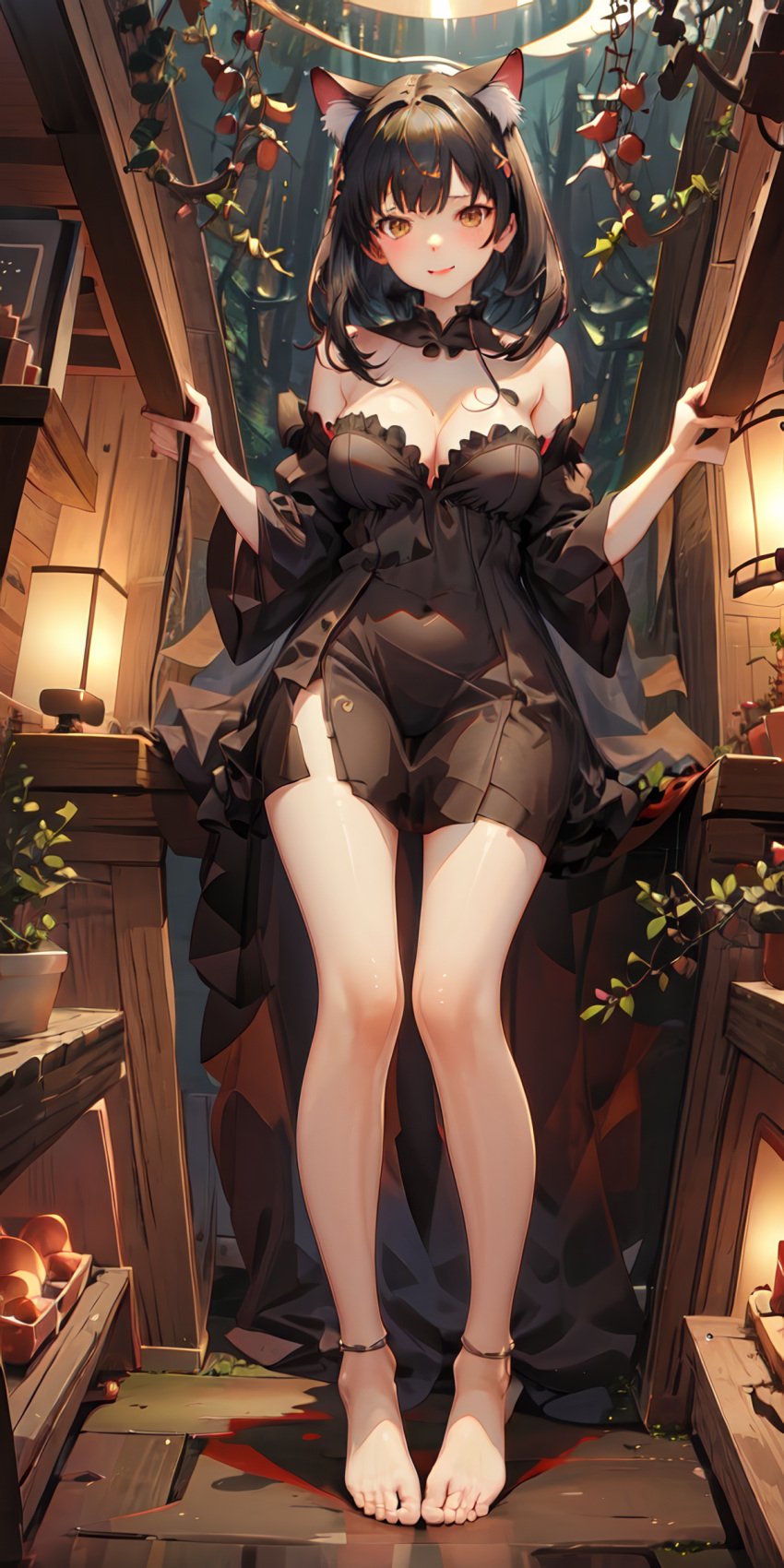 1girls :d ai_generated animal_ear_fluff animal_ears anklet apple bangs bare_legs bare_shoulders barefoot black_dress black_hair black_panties blush breasts brown_eyes cat_ears cat_girl cleavage closed_mouth covered_navel detached_collar detached_sleeves dress extra_ears feet food frills fruit full_body hair_ornament hairclip hands_up indoors jewelry lantern large_breasts legs long_hair long_sleeves looking_at_viewer medium_breasts medium_hair nail_polish natsuyoru open_mouth panties parted_lips pigeon-toed plant potted_plant see-through smile solo standing strapless strapless_dress thighs toenail_polish toenails toes underwear wide_sleeves yellow_eyes