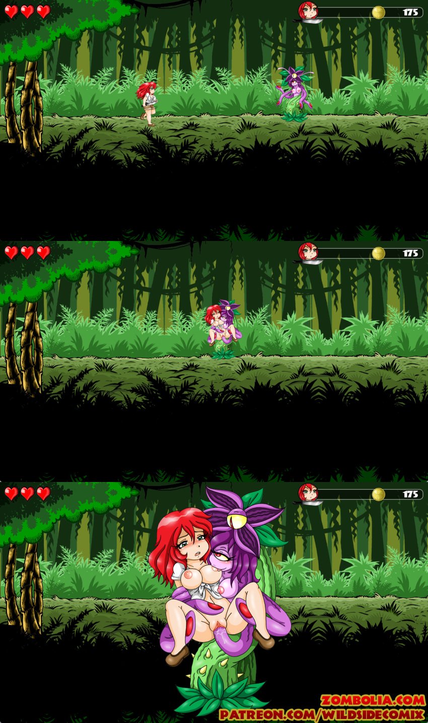 2girls breast_sucking cyclops cyclops_girl game gameplay_mechanics jungle monster_girl plant_girl pussy red_hair tentacle tentacle_monster tentacle_sex the_secret_of_zombolia vaginal_penetration vanja yuri