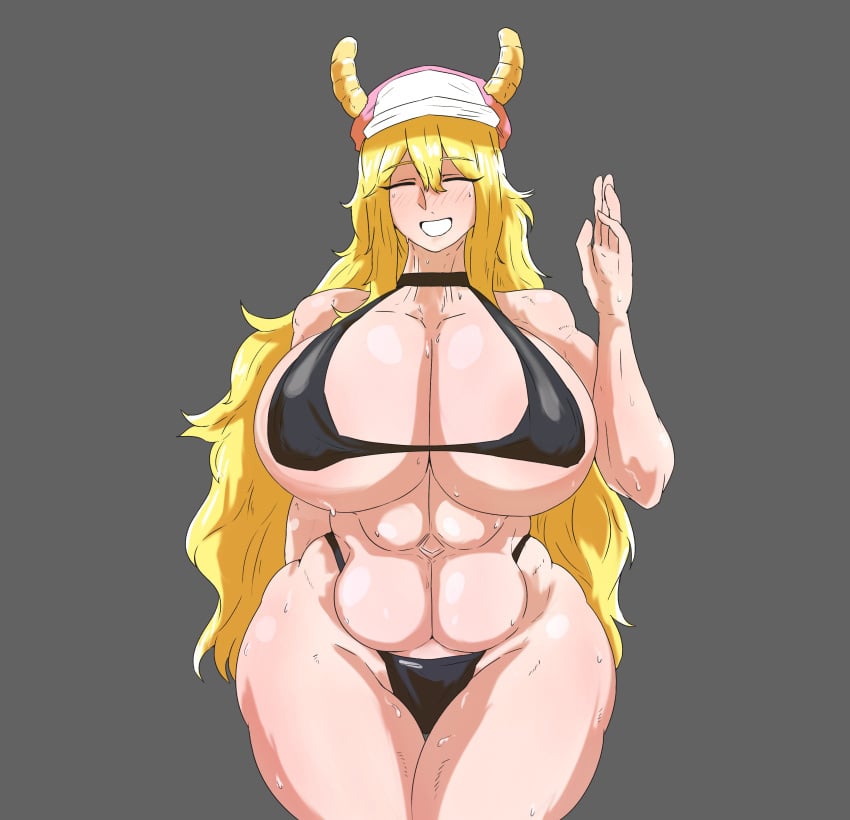 1girls 925kyohei abs arm_behind_back bikini black_choker black_thong blonde_hair blush choker closed_eyes dragon_girl hat horns kunaboto_(style) long_hair lucoa open_mouth quetzalcoatl_(dragon_maid) solo thong venus_body waving