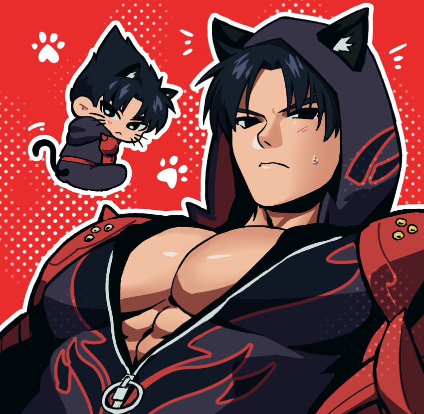 1boy bara big_pecs chest cover_them_up_slut jin_kazama male male_focus male_only meme no_visible_genitalia reik49 solo solo_focus tekken tekken_8