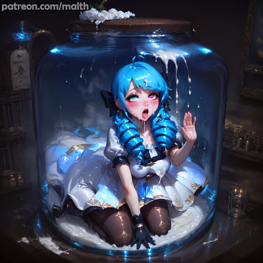 ahe_gao ai_generated blue_eyes blue_hair blush bukkake cum_bath cum_on_face cumjar dress gwen_(league_of_legends) heterochromia highres jar kneeling league_of_legends malth pantyhose purple_eyes riot_games sitting_in_cum small_female tongue_out white_dress