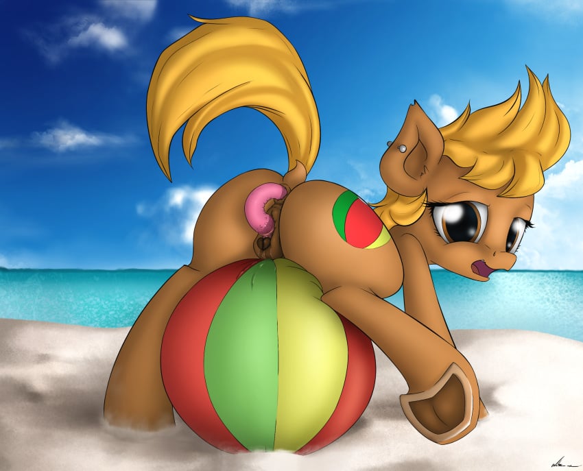 1girls anal anal_sex anatomically_correct anatomically_correct_pussy animal_genitalia anus ass ball beach beach_ball beach_ball_(character) blonde_hair brown_eyes clitoral_winking clitoris cloud cutie_mark dildo earth_pony equine equine_pussy fan_character female female_only female_penetrated feral hair hooves horse inflatable large_ass looking_at_viewer mammal my_little_pony neko-me nude open_mouth outside penetration piercing pony pool_toy public pussy pussy_juice raised_tail sand seaside sex_toy solo vaginal_penetration water