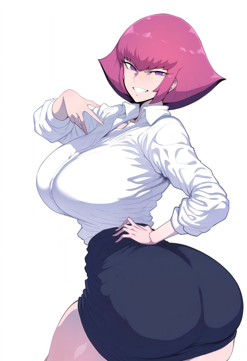 1girls 2d ai_generated ass big_ass big_breasts breasts breasts_bigger_than_head clothed clothed_female dat_ass female grin gritted_teeth gundam haman_karn hips huge_ass large_ass looking_at_viewer looking_back looking_back_at_viewer medium_hair office_clothing office_lady open_mouth pink_eyes pink_hair rolled_up_sleeves shirt skirt smakiel smile solo source standing thick_thighs thighs white_background wide_hips