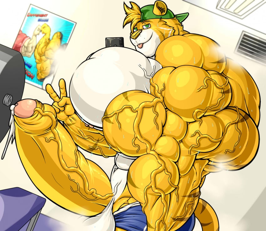 abs balls balls_out biceps big_pecs boner_out cock cum cumming dick furry green_cap gym_shorts hyper hyper_muscles josh_(zerozero) leaking_penis mirror_selfie muscles muscular_furr naked no_hands_selfie orgasm peace_sign pecs penis penis_out phone_in_pecs quads thicc thicc_muscles tiger triceps wearing_hat zerozero