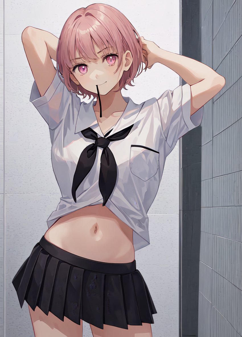 1girls ai_generated arms_behind_head arms_up bangs black_neckerchief black_skirt breast_pocket breasts closed_mouth collarbone collared_shirt contrapposto cowboy_shot hair_tie_in_mouth looking_at_viewer midriff miniskirt mouth_hold natsuyoru navel neckerchief pink_eyes pink_hair pleated_skirt pocket ribbon sailor_collar school_uniform serafuku shirt short_hair short_sleeves skirt smile solo standing stomach tile_wall tiles white_shirt