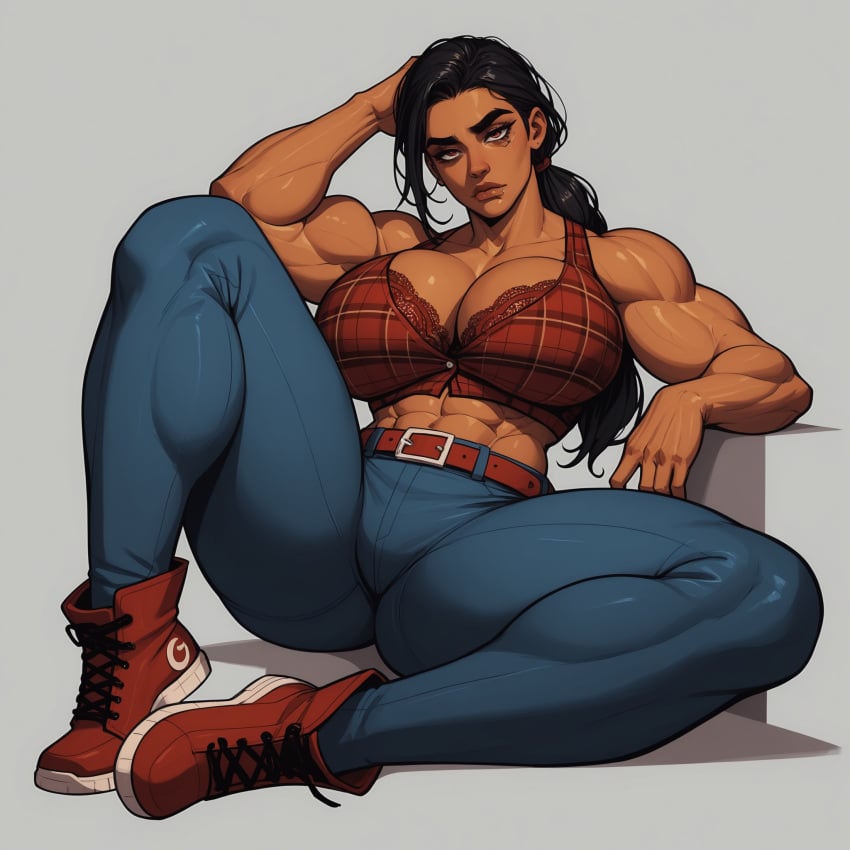 1girls abs ai_generated belt biceps big_breasts black_hair boots bra breasts bushy_eyebrows button_down_shirt feet_together female female_focus female_only flannel flannel_shirt genocide_nutter huge_breasts jeans julia_santos legs_apart lips long_hair looking_at_viewer muscles muscular muscular_arms muscular_female muscular_legs muscular_thighs original_character padded_bra pants ponytail shirt sitting sneakers solo solo_female solo_focus tan-skinned_female tan_skin thick_thighs thighs tight_clothing tight_jeans tight_pants tired_expression tired_eyes tomboy wavy_hair yodayo