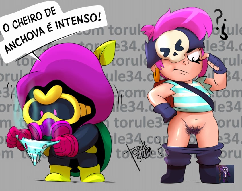 1boy 1girls 2024 background brawl_stars colored confused cordelius_(brawl_stars) dialogue edit female fingerless_gloves gas_mask gloves hairy hairy_pussy male mushroom no_panties panties pants_down penny_(brawl_stars) photoshop pink_hair pirate portuguese portuguese_dialogue portuguese_text supercell text torule34 watermark