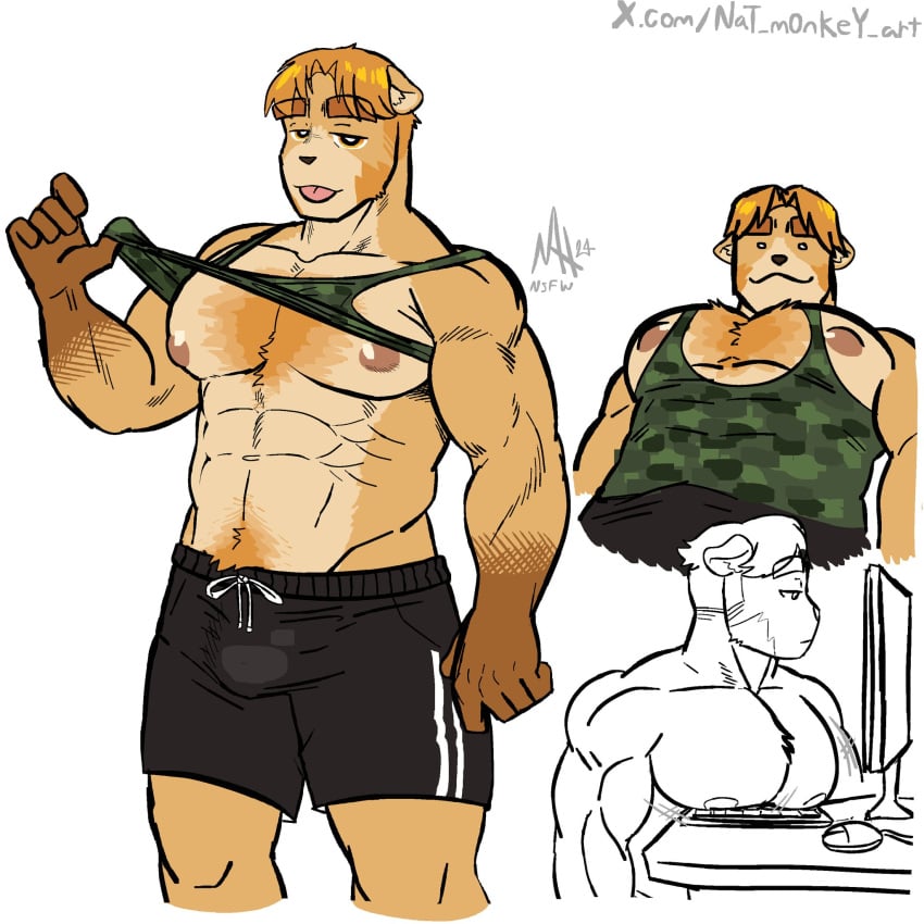 :3 anthro big_breasts big_muscles bulge_through_clothing bulge_under_clothes dilf isabella_(yonstar_estudios) isbel_(nat_monkey_art) male male_only muscular_anthro muscular_arms muscular_legs nat_monkey_art rule_63 shirt_lift short_hair