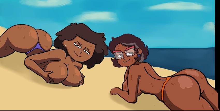 2girls 2women amphibia artist_request ass beach big_ass big_breasts bikini_bottom black_eyes black_hair breasts brown_hair busty camila_noceda crossover curvaceous_female curvy dark-skinned_female female female_only glasses hourglass_figure huge_ass huge_breasts large_breasts looking_at_viewer milf mrs._boonchuy multiple_girls older_female oum_boonchuy outdoors seductive_look seductive_smile squeezing_own_breasts sweat the_owl_house thick_ass thick_thighs thong topless voluptuous voluptuous_female