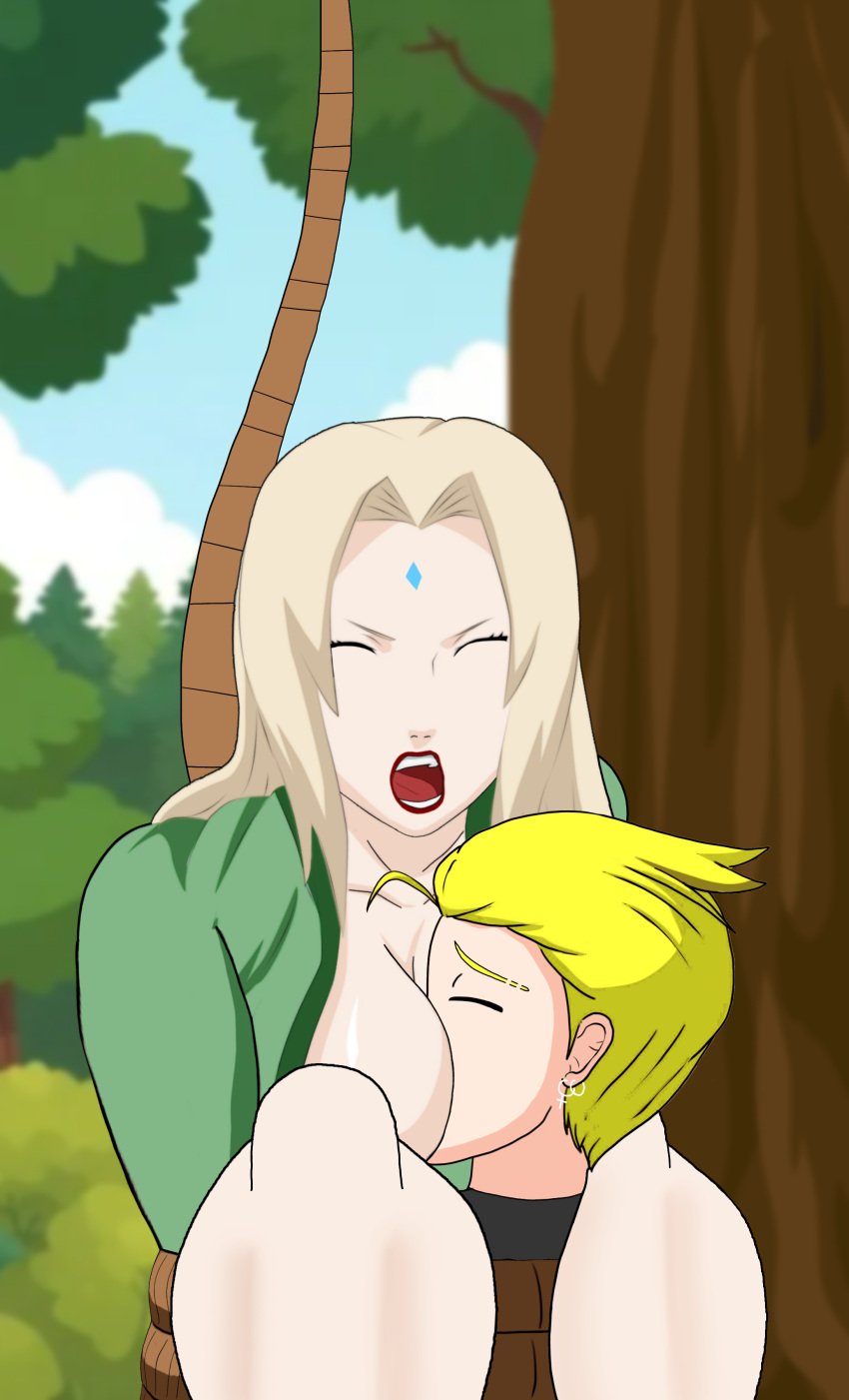 big_breasts big_thighs face_in_breasts legs_on_shoulders legs_over_head naruto naruto_(series) naruto_shippuden open_mouth pressed_together stuck stuck_together tied_together tied_up tsunade