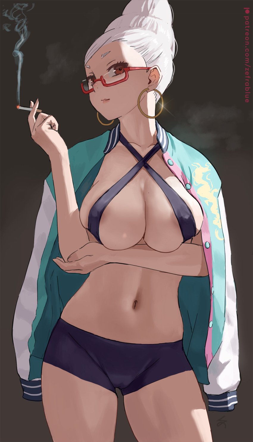 ayase_seiko big_ass big_breasts cigarette collarbone crop_top curvaceous curvy curvy_figure dandadan dolphin_shorts glasses hair_bun huge_breasts large_ass large_breasts looking_at_viewer older_female red_glasses shorts sleeves tagme thick_thighs voluptuous white_hair zefra_bleu