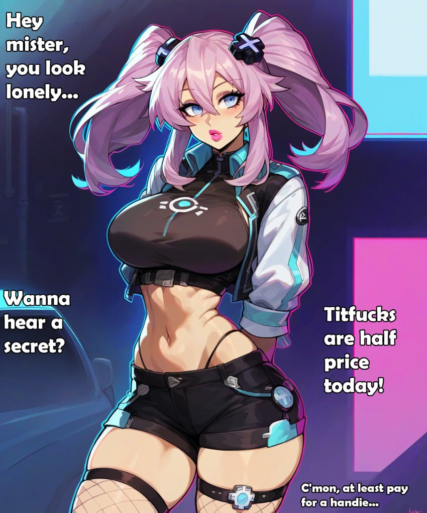 1girls abstract_background ai_art ai_generated caption english_text massive_breasts neptune_(neptunia) neptunia_(series) prostitution saucy_trove solo stable_diffusion tagme text