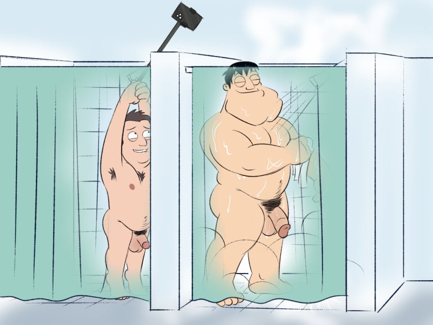 2boys aizenhower american_dad balls biting_lip black_hair brown_hair butt crossover flaccid gay holt_richter male male_only male_pubic_hair naked nipples peeping penis shower showering smile stan_smith the_cleveland_show