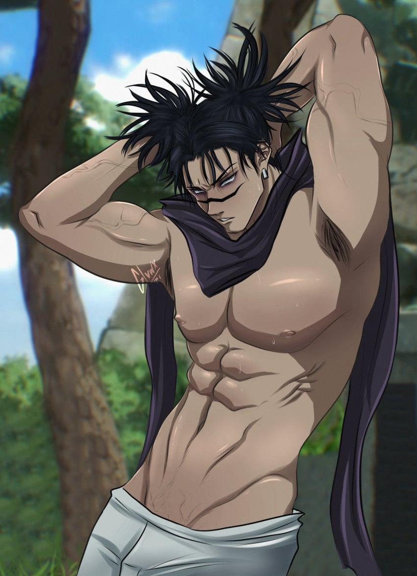 arms_up choso_kamo dark_hair glowx jujutsu_kaisen male male_only pinup