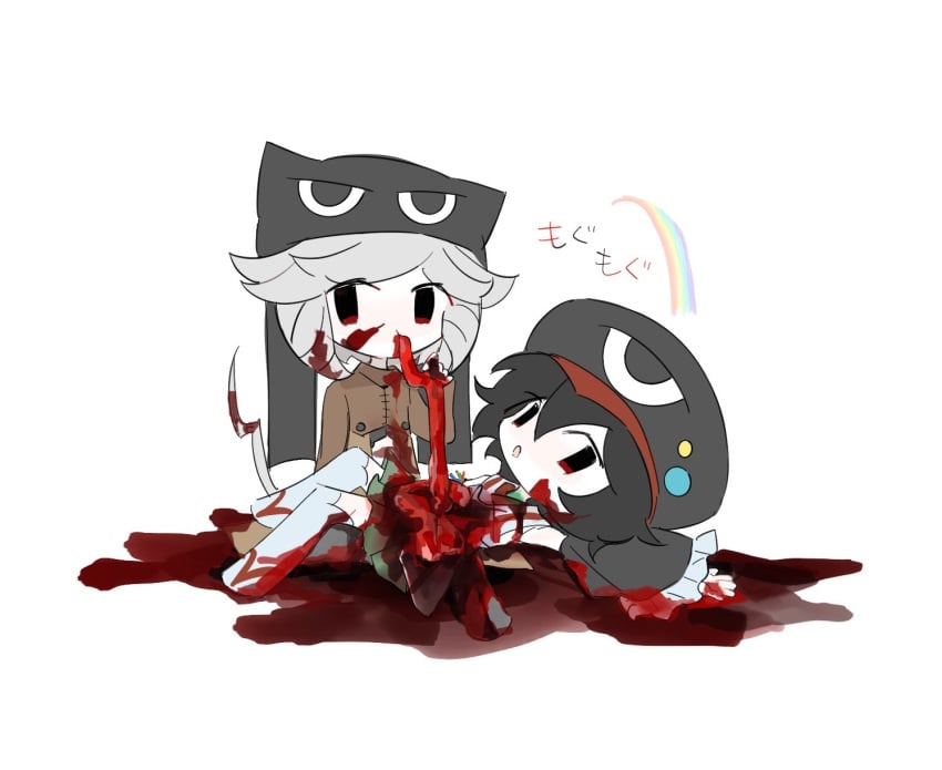 2others :o androgynous animal_ear_headwear animal_ears bad_id bad_twitter_id bare_shoulders beanie black_eyes black_hair black_hat black_sleeves blood blood_in_hair blood_on_clothes blood_on_face blood_on_hands blood_on_tail brown_sweater cabbie_hat cannibalism cat_ears cat_tail chewing chibi clothing_cutout detached_sleeves eating expressive_tail eye_of_horus eyelashes fake_animal_ears frilled_sleeves frills gore green_hakama grey_hair guro hair_between_eyes hakama hakama_short_skirt hakama_skirt hat hat_pin highres holding intestines japanese_clothes len'en long_sleeves looking_at_viewer lying medium_hair multiple_others on_back open_mouth other_focus over-kneehighs pale_skin pool_of_blood rainbow red_footwear rei_(len'en) ringlets sandals short_hair simple_background skirt socks sound_effects stomach_cutout sweater tail thighhighs vest white_background white_socks white_vest wide_sleeves yoiame zelo_(len'en) zouri