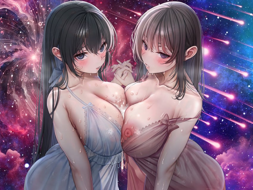 2girls arched_back babydoll bare_arms black_hair blue_babydoll blue_eyes blush breast_press breasts collarbone cum cum_on_body cum_on_breasts hair_ribbon highres huge_nipples interlocked_fingers large_breasts lingerie lips long_hair looking_at_viewer meteor meteor_shower multiple_girls nipple_slip nipples non-web_source original parted_lips pink_babydoll ribbon shiroiruka sidelocks sky star_(sky) starry_sky symmetrical_docking underwear