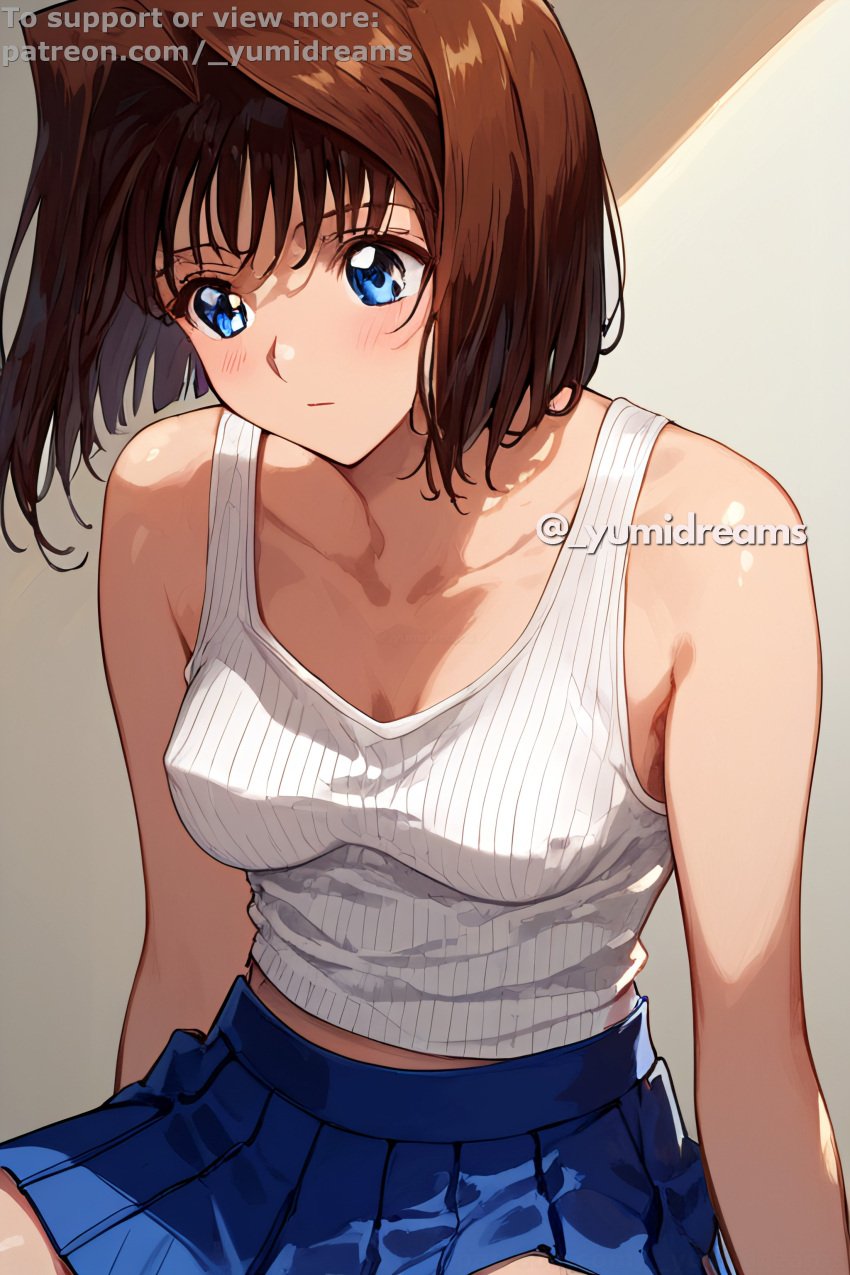 _yumidreams ai_generated anzu_mazaki bare_shoulders blue_eyes brown_hair close_up highres indoors light-skinned_female medium_breasts miniskirt neckline no_bra patreon_username pleated_skirt tea_gardner wall white_shirt yu-gi-oh! yu-gi-oh!_duel_monsters